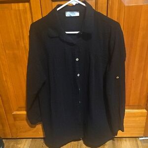 Black Casual Button Down Tab Sleeve Shirt with Collar and Long Sleeves, L